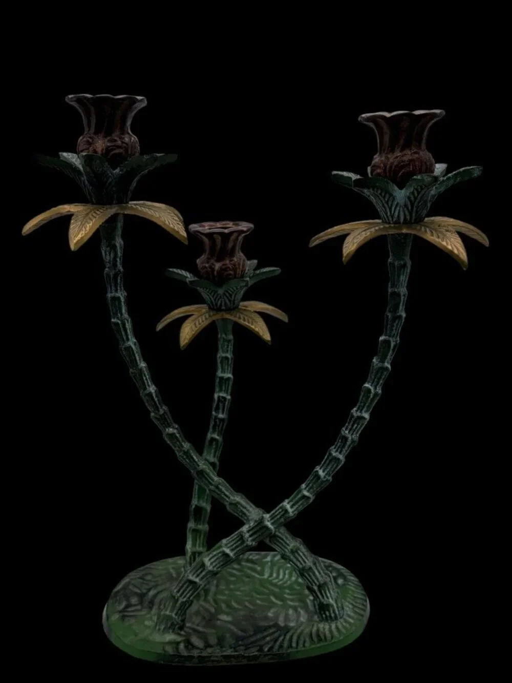 Vintage 1970s Tropical Palm Tree Cast Iron Candelabra Candle Holder